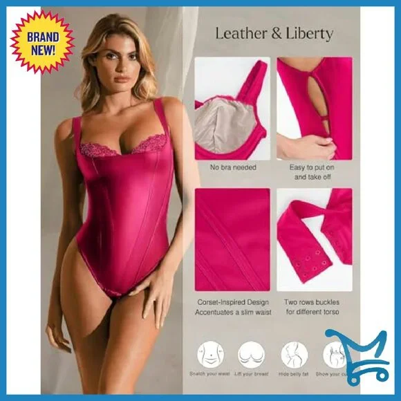 Faux Leather Shapewear Bodysuit Tummy Control Corset Top Lace Underwire